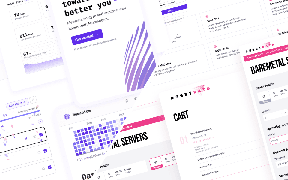 Various UI/UX and website designs arranged together aesthetically